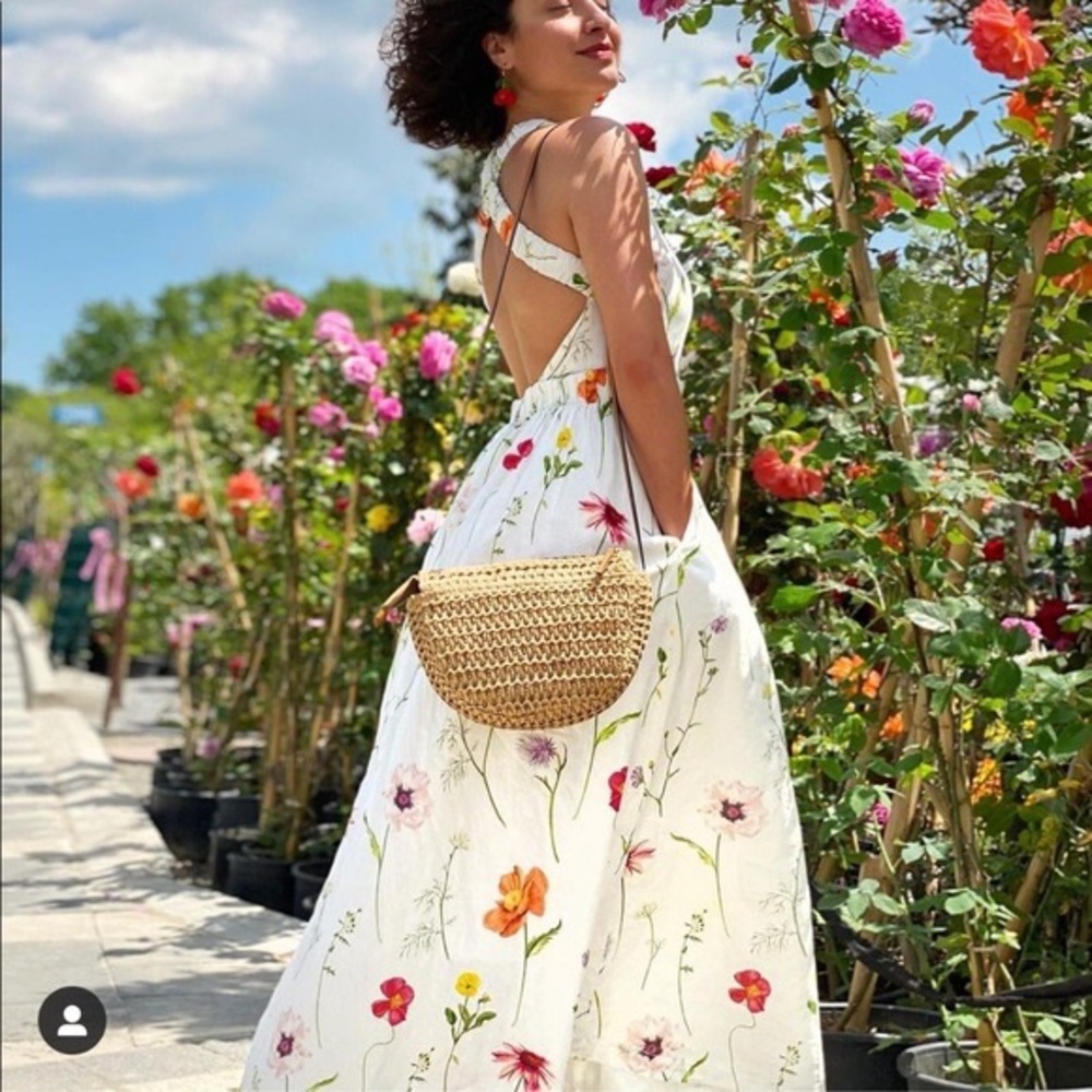 H&M Ankle Length Linen Blend Dress Watercolor Floral White Open Back Maxi Cotton